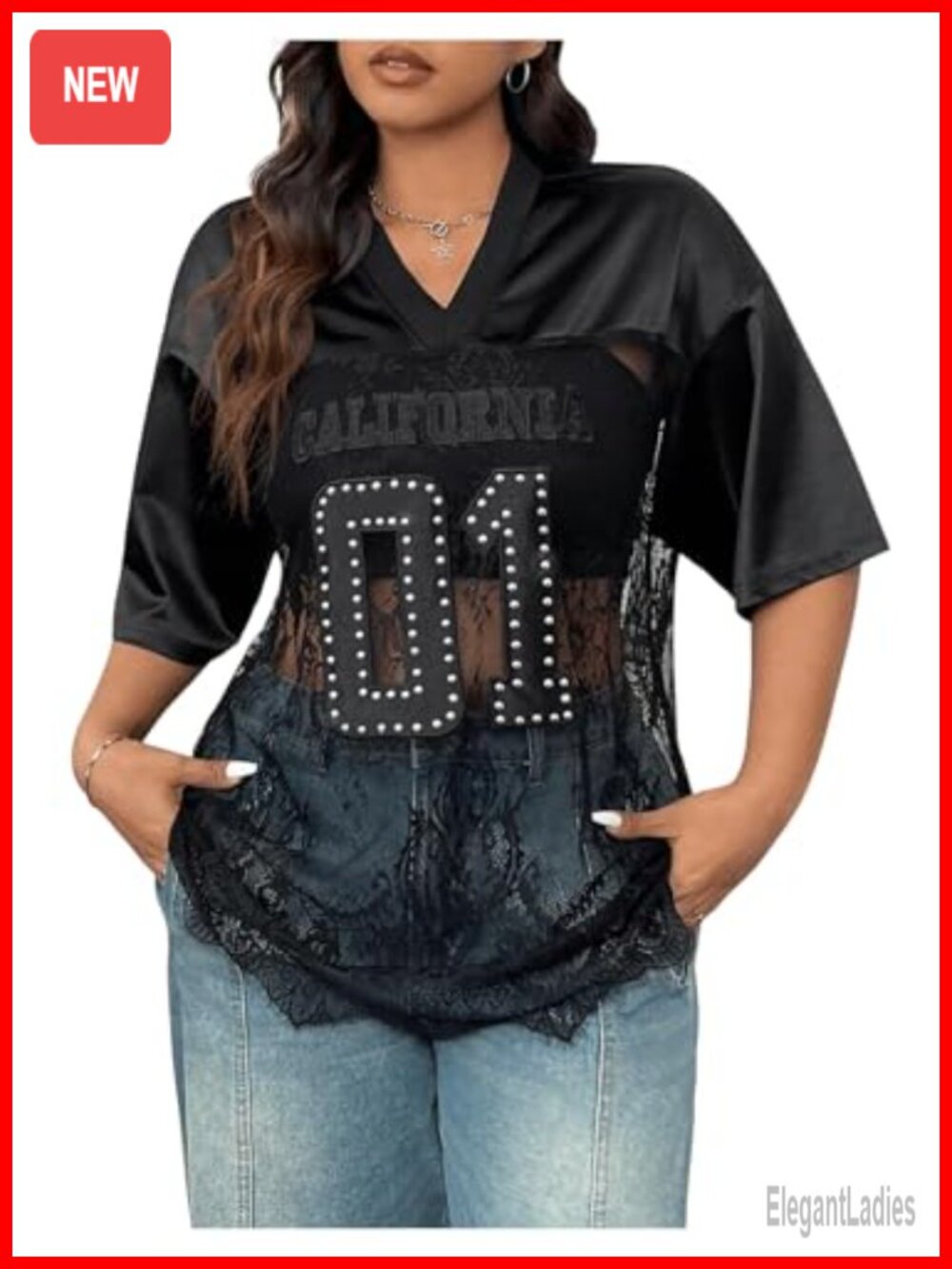 Plus Size Letter Print Lace Sheer Mesh Jersey Top V Neck Short Sleeve Oversized